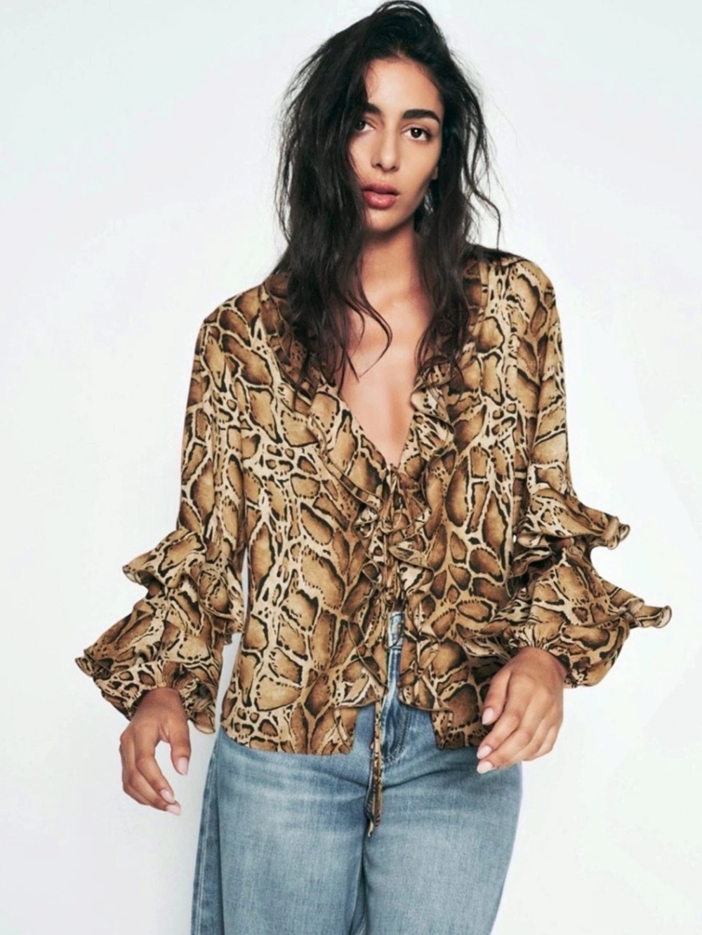 Zara Animal Print Ruffle Sleeve Blouse in Brown & Black